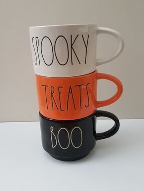 Rae Dunn Spooky Treats Boo Stacked Mugs - White, Orange, Black